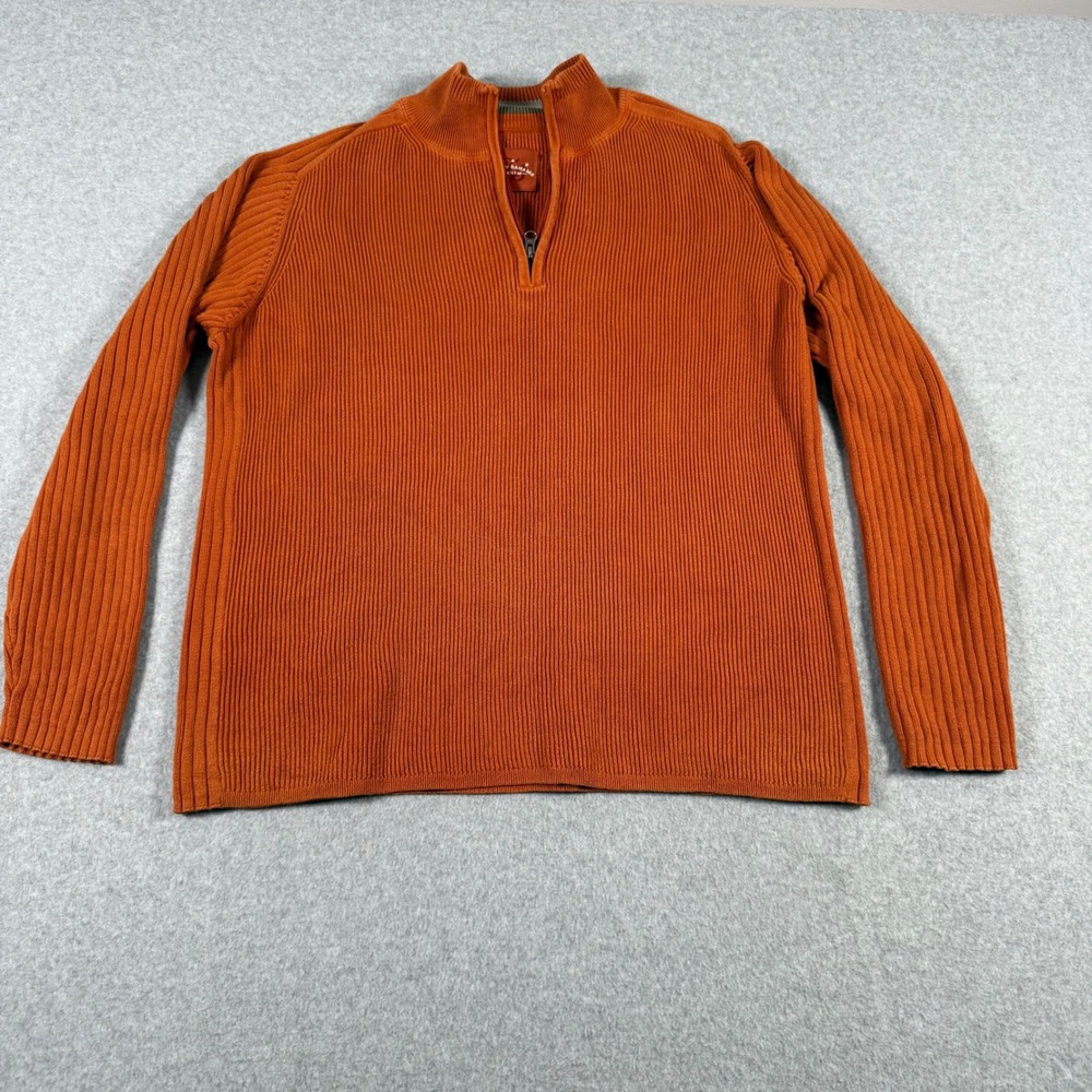 Tommy Bahama Denim Mens Large Orange Ribbed Cotton 1/4 Zip Pullover Sweater